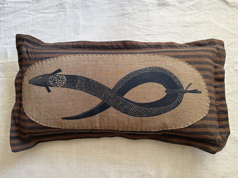 ‘Poached Eel’ block-printed & patched linen cushion - Made to Order