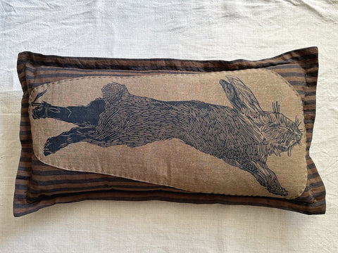 ‘Poached Hare’ block-printed & patched linen cushion - Made to Order