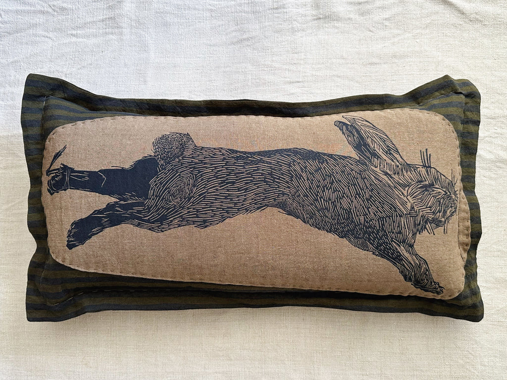 ‘Poached Hare’ block-printed & patched linen cushion - Made to Order