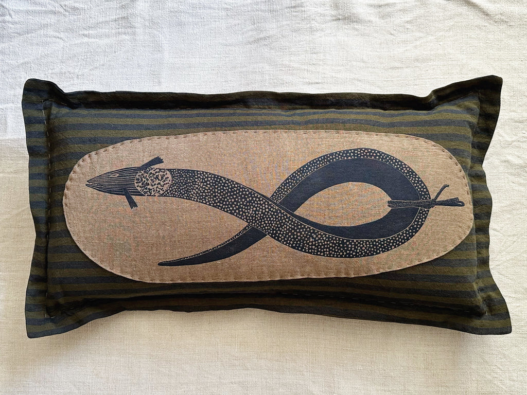 ‘Poached Eel’ block-printed & patched linen cushion - Made to Order